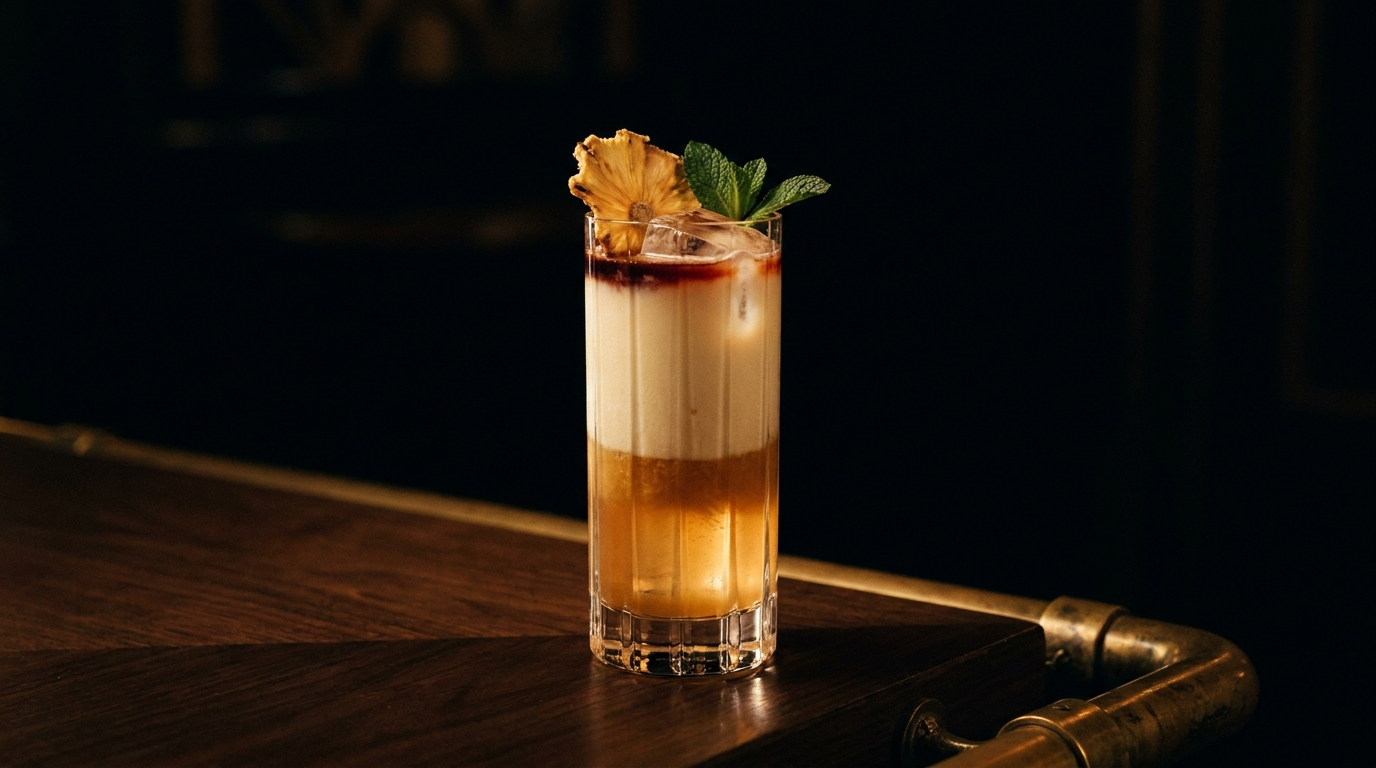 Pina Colada Lassi — Barbary Belle NA hero cocktail, served in highball glass with cream-over-amber layering and Blackstrap rum float
