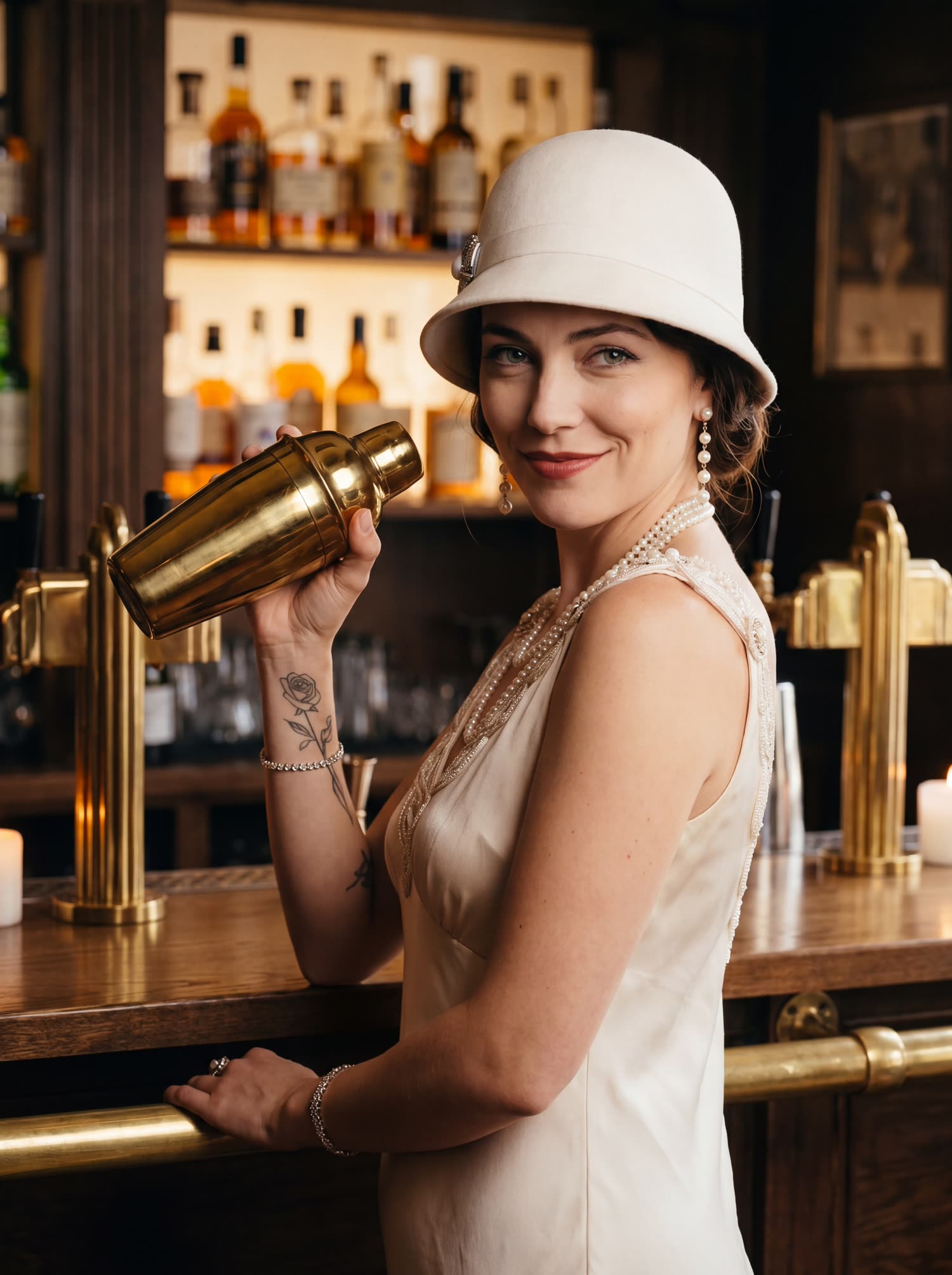 Bellewink behind the speakeasy bar, brass shaker in hand, confident gaze to camera