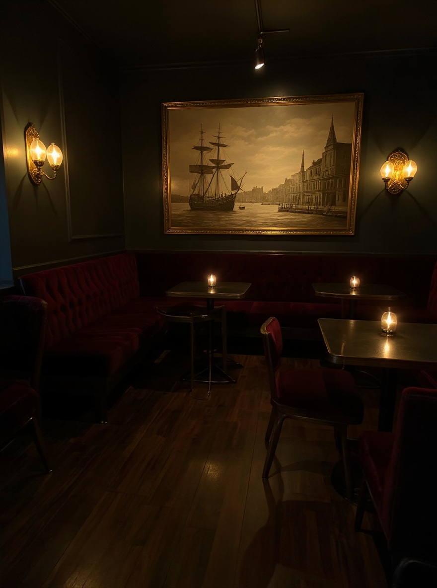 Barbary Belle lounge — SF Barbary Coast mural across the back wall, velvet booths