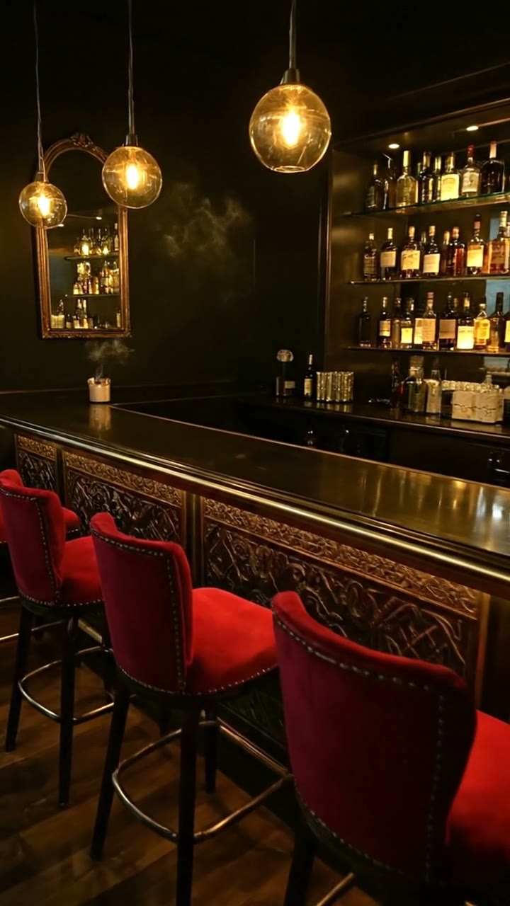 Barbary Belle main bar in motion — brass fixtures, crimson stools, gilded mirror